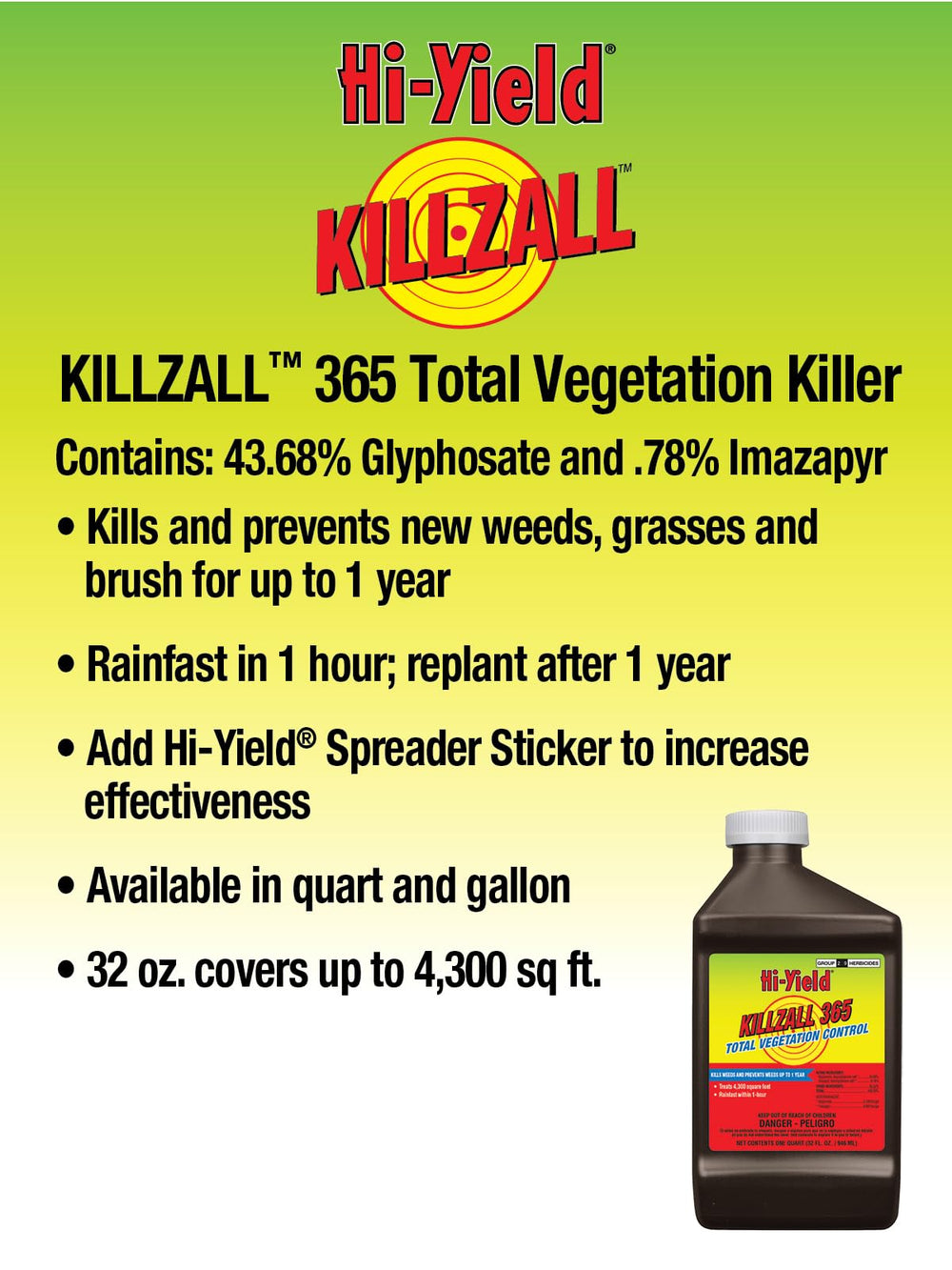 Hi-Yield Killzall 365 1 gal in use for non-crop area weed coverage.