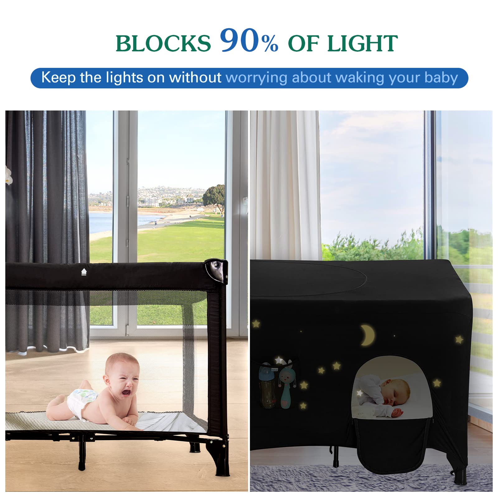 Hiaksedt Pack N Play blackout cover with easy-setup design fits travel cribs securely.