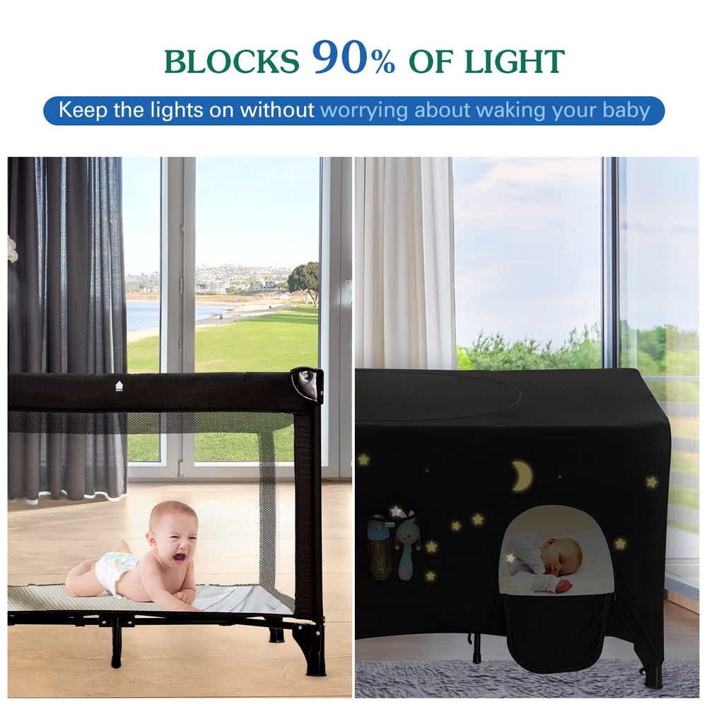 Hiaksedt Pack N Play blackout cover with easy-setup design fits travel cribs securely.