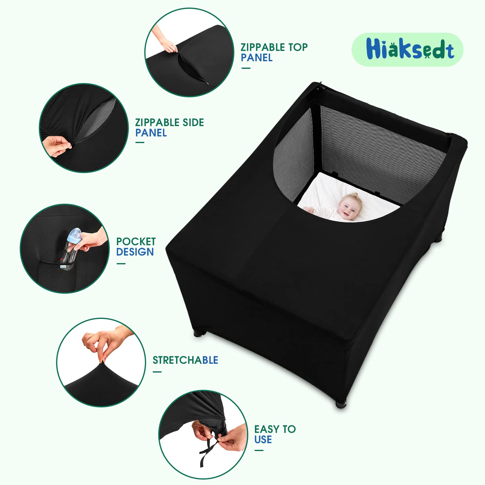 Hiaksedt Pack N Play blackout cover with pocket-storage keeps small items handy.