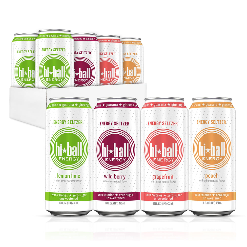 Hiball Energy variety pack front view with zero-sugar cans for on-the-go refreshment
