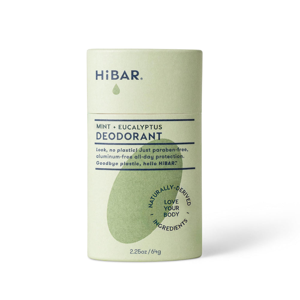 HiBAR eucalyptus mint plastic-free deodorant tube for all-day protection with vegan, skin-friendly ingredients.
