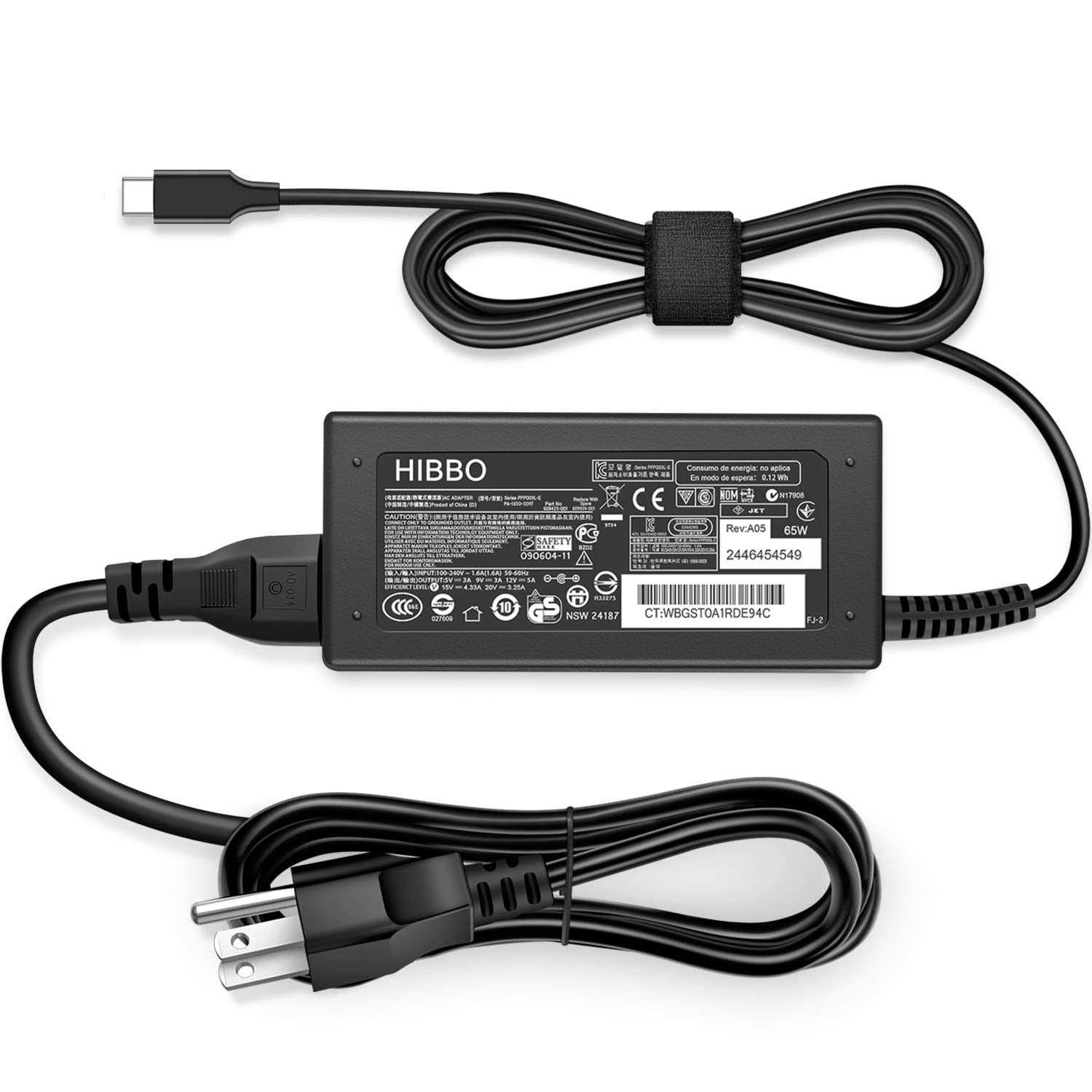 HIBBO charger in an office setting with HP laptop