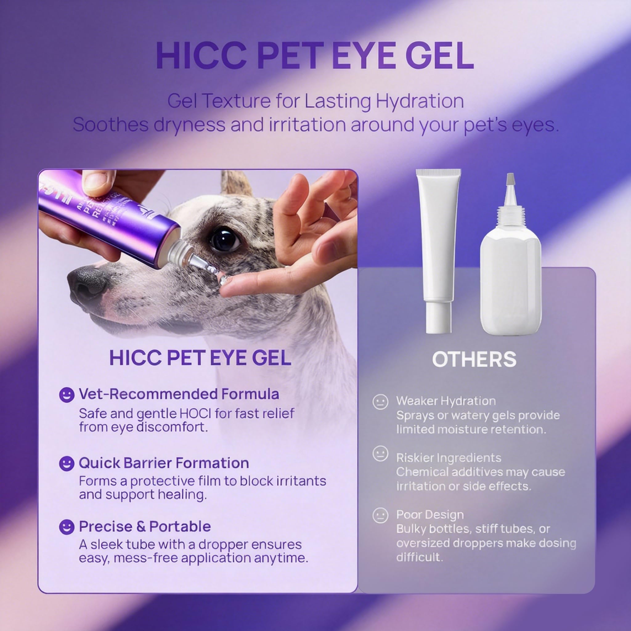 Applying HICC PET Eye Gel to a dog's eye area for soothing care