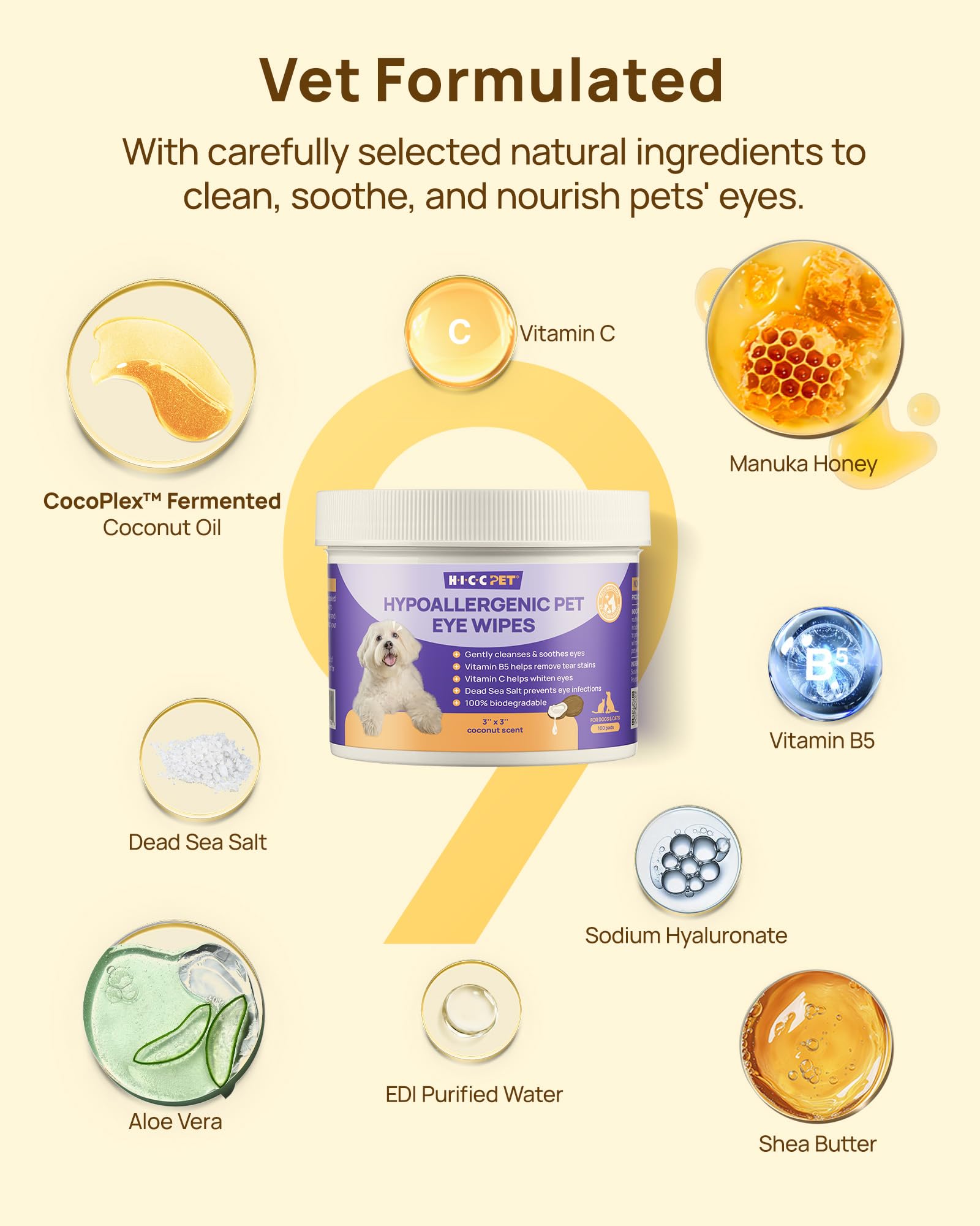Ingrédients coco fermenté et vitamine C dans les lingettes HICC PET.