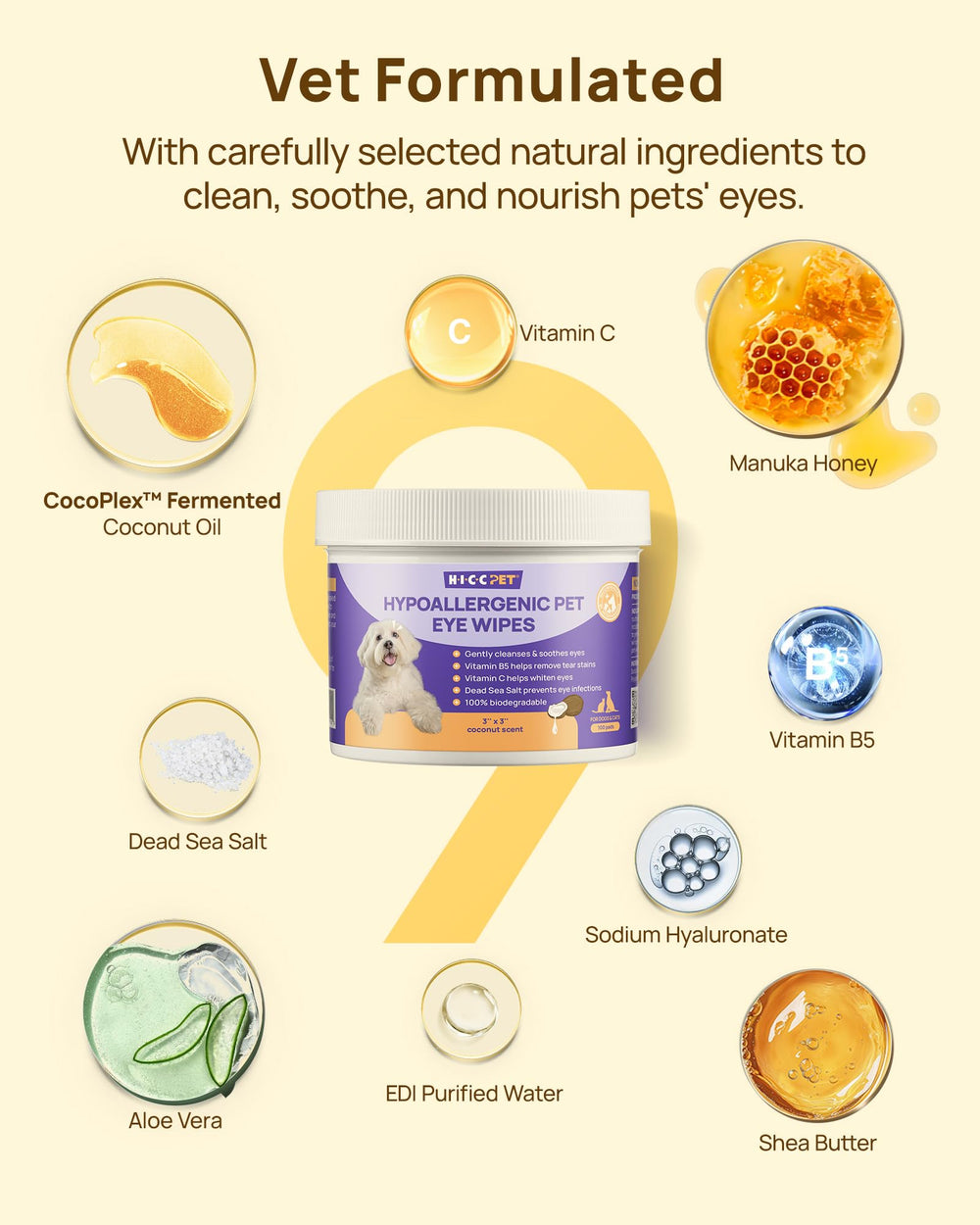 Ingrédients coco fermenté et vitamine C dans les lingettes HICC PET.