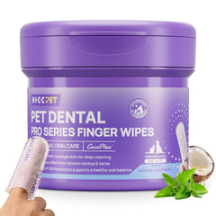 HICC PET Pro teeth wipes on a finger for easy dog and cat dental care.