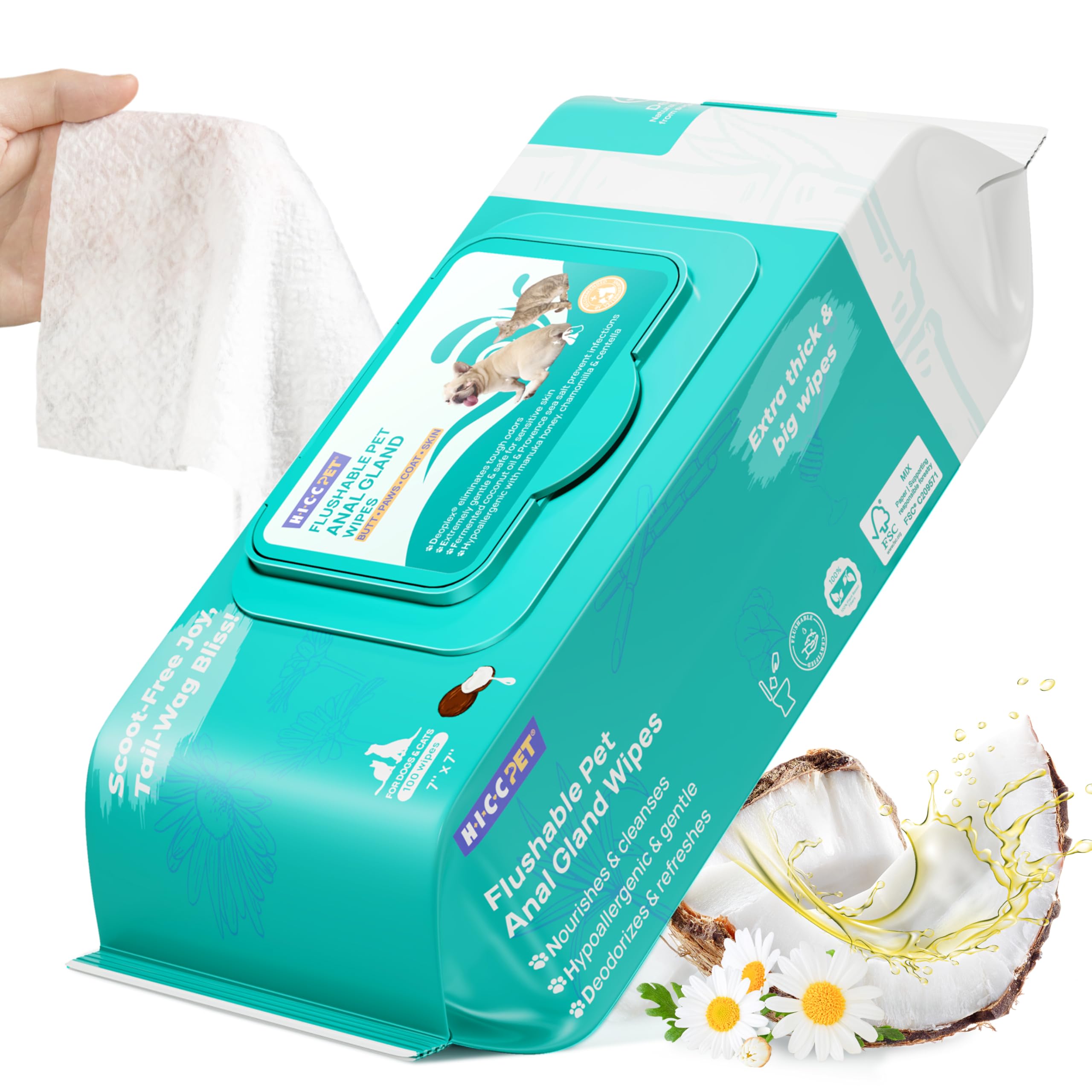 HICC PET wipes on dog face for gentle cleansing and odor control.
