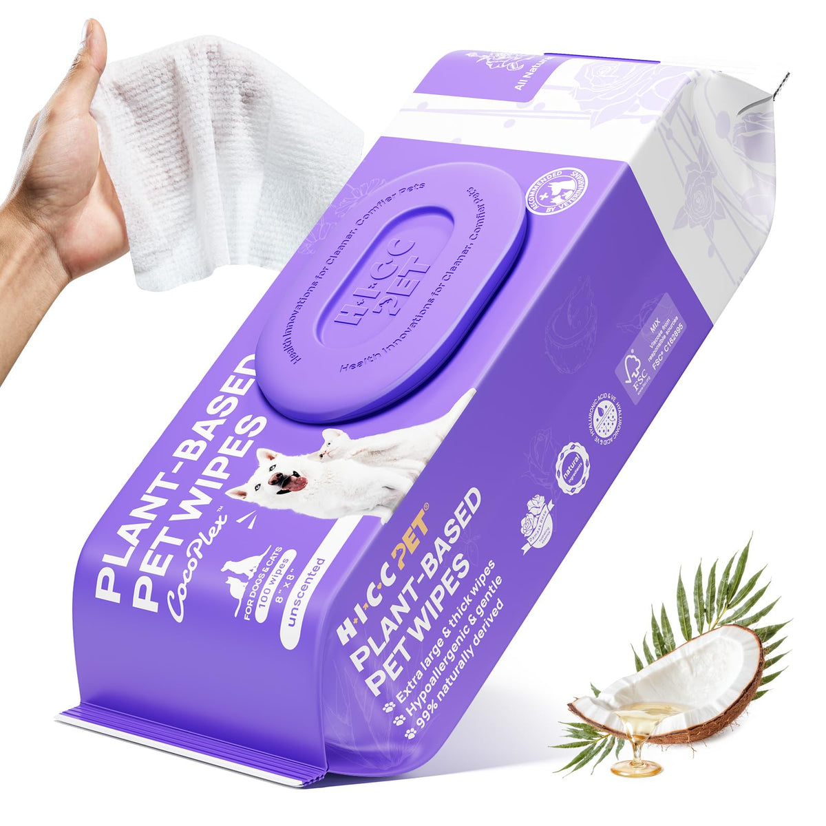 HICC PET Wipes for dogs and cats provide quick fur cleaning and odor control.