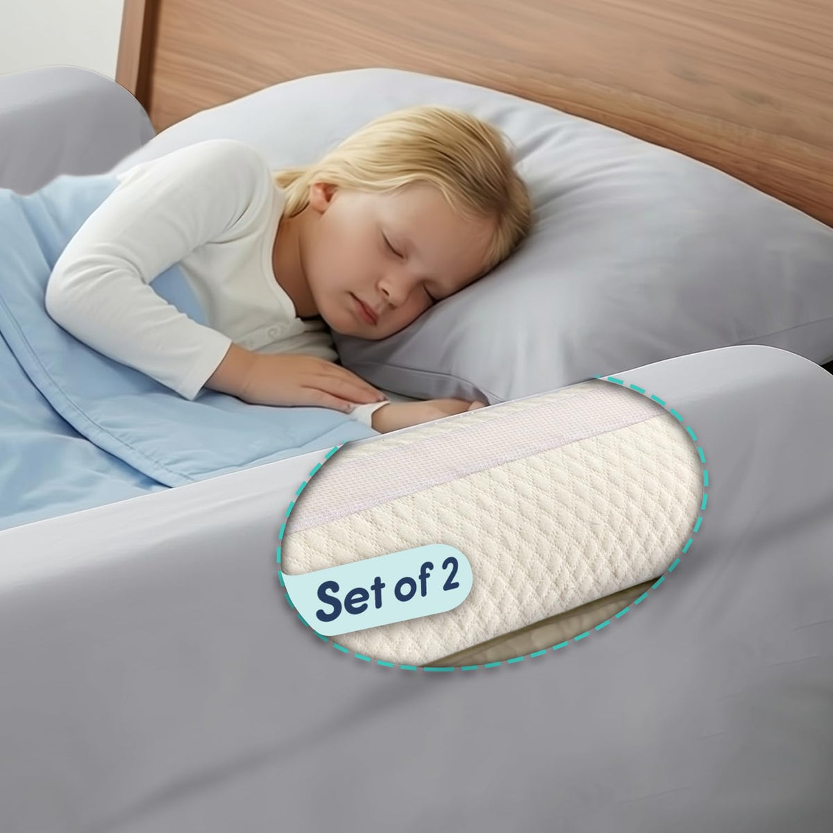 Hiccapop bed bumpers front view for safer sleep and gentle guidance.