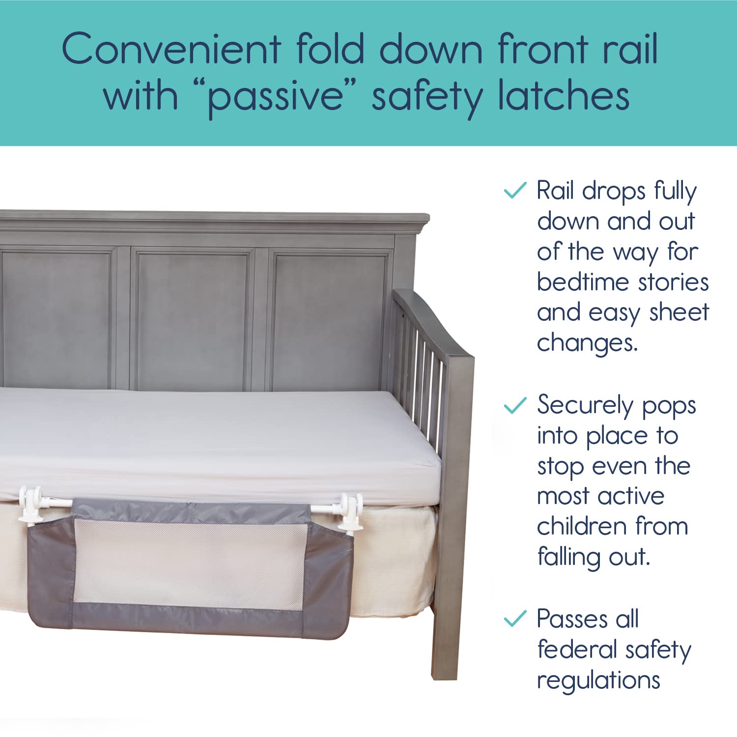 Fold-down bed rail enables easy storytime and quick access
