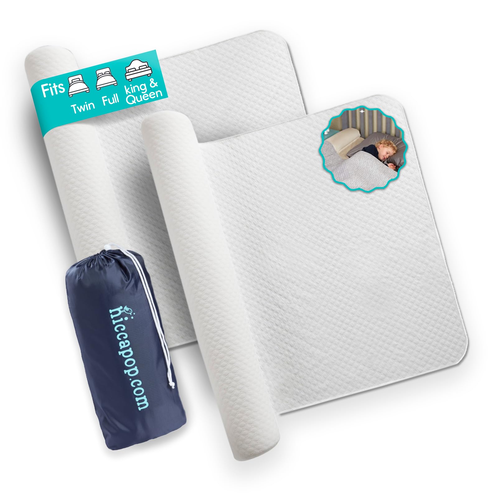 Hiccapop inflatable bed rail for toddlers provides a secure barrier during travel.