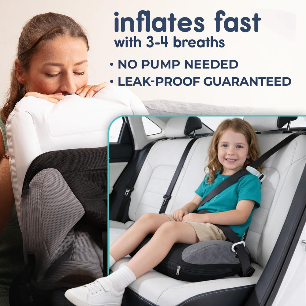 Narrow UberBoost design fits three across back seats of small cars.