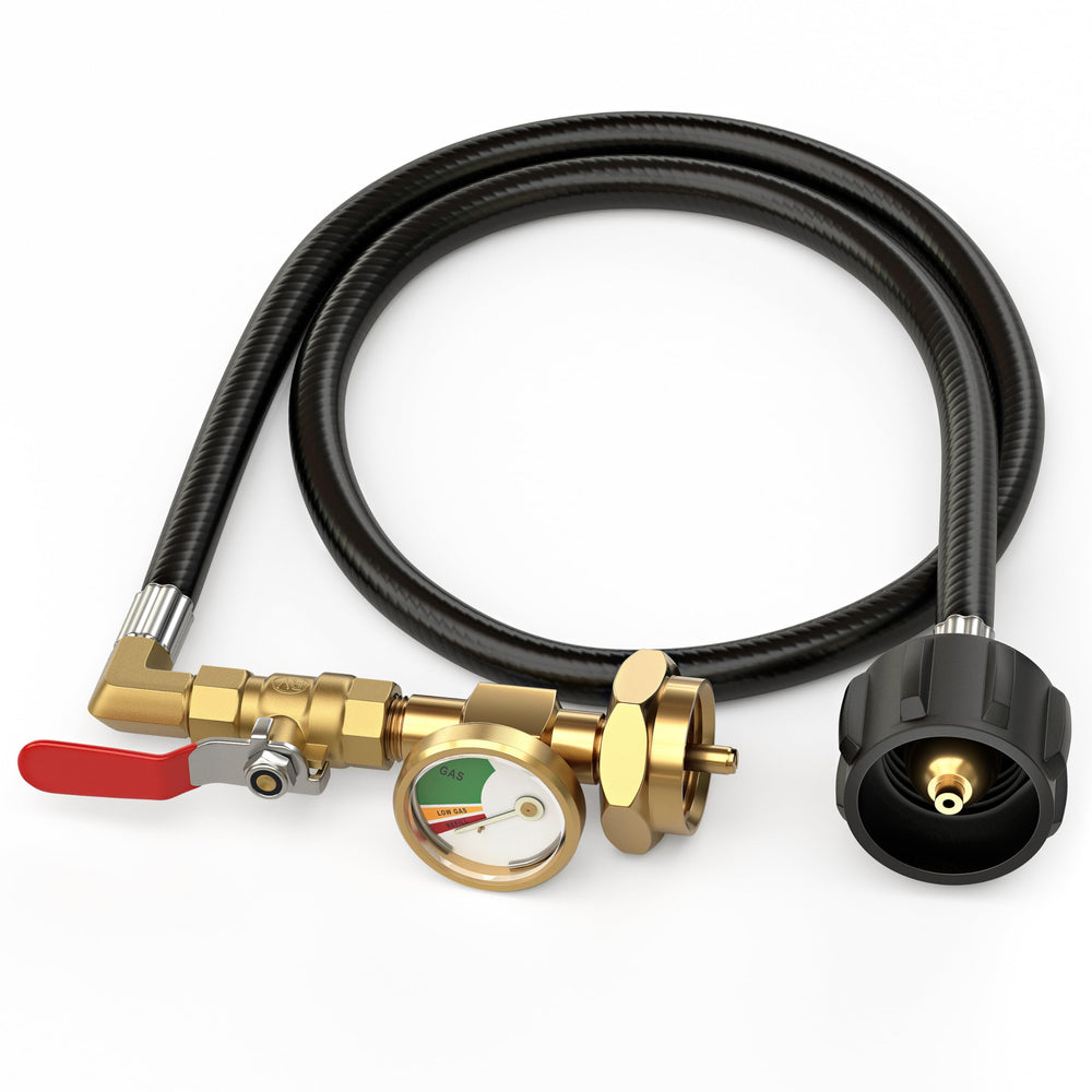 HICOOI propane refill adapter connects a 20 lb tank to a 1 lb bottle for refilling.