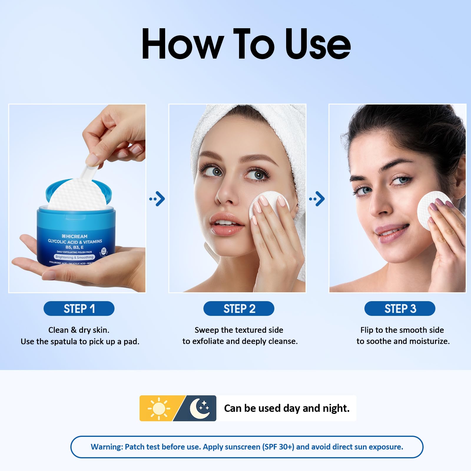 Hicream Glycolic Acid Pads hydration shot showing moisture boost for comfort