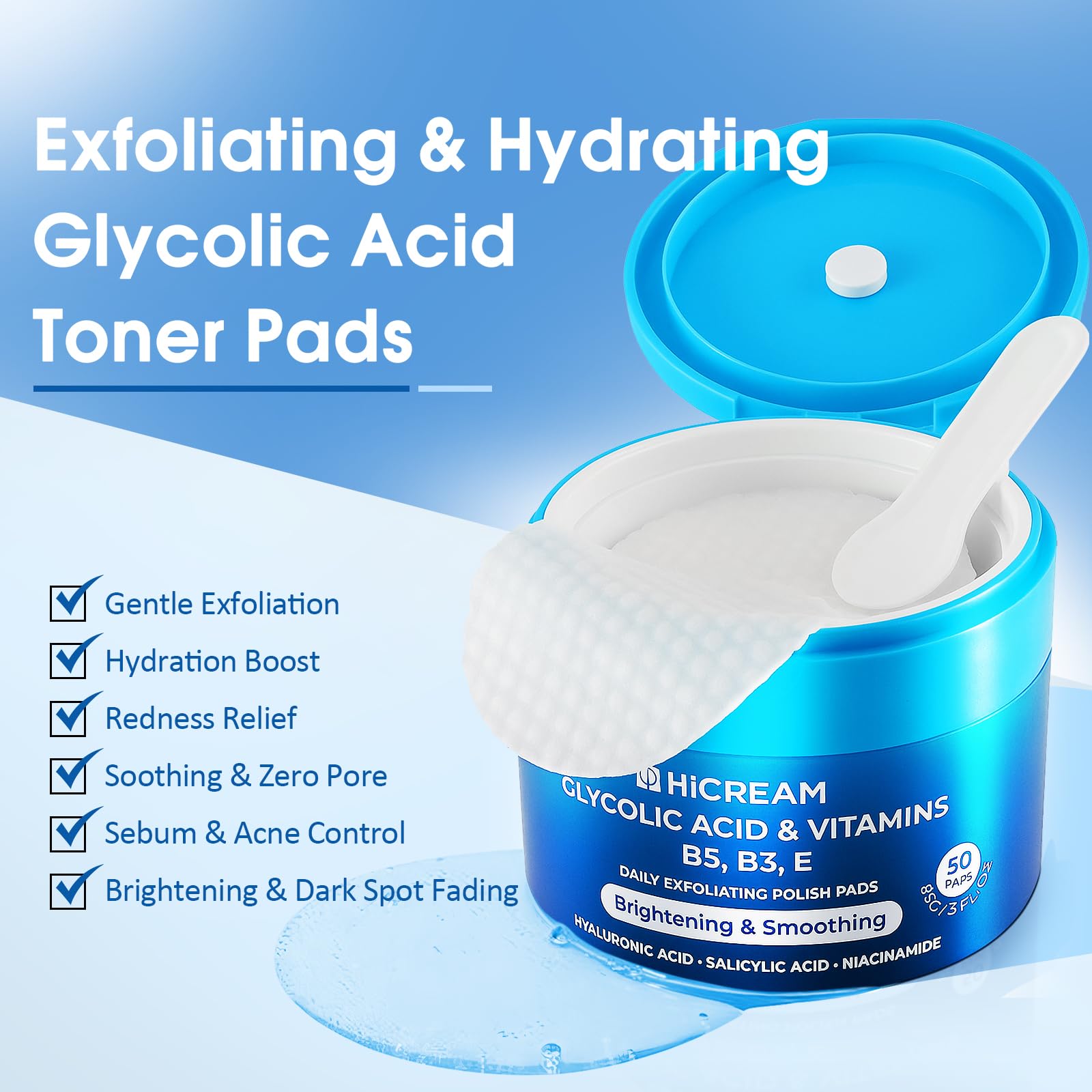Hicream Glycolic Acid Pads packaging shot highlighting travel-friendly design