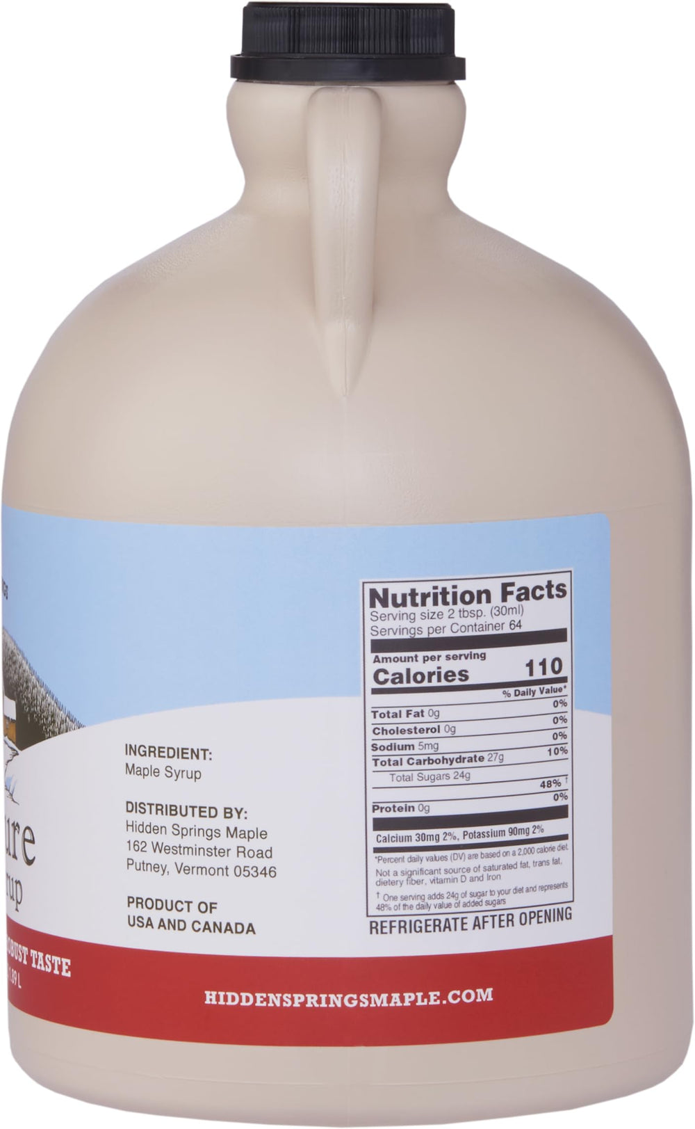 Hidden Springs Maple Dark Half Gallon bottle close-up label highlights rich color.