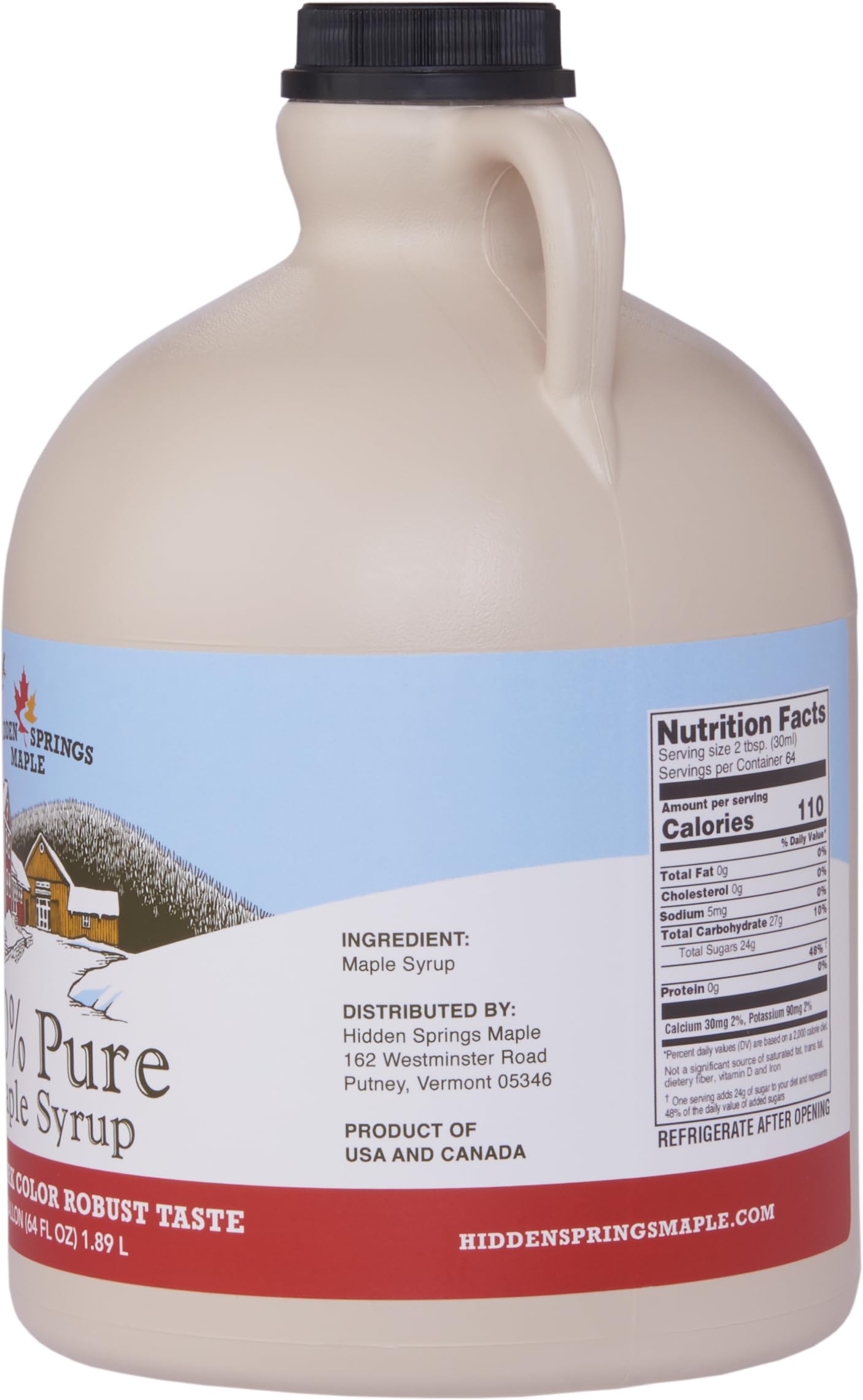 Hidden Springs Maple Dark Half Gallon BPA-free jug packaging ensures safety.