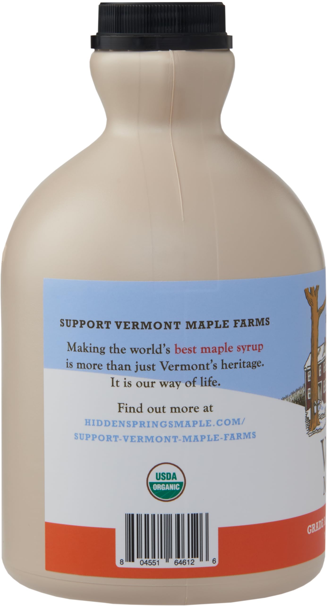 Hidden Springs Maple handcrafted Vermont syrup bottle featured on rustic surface.