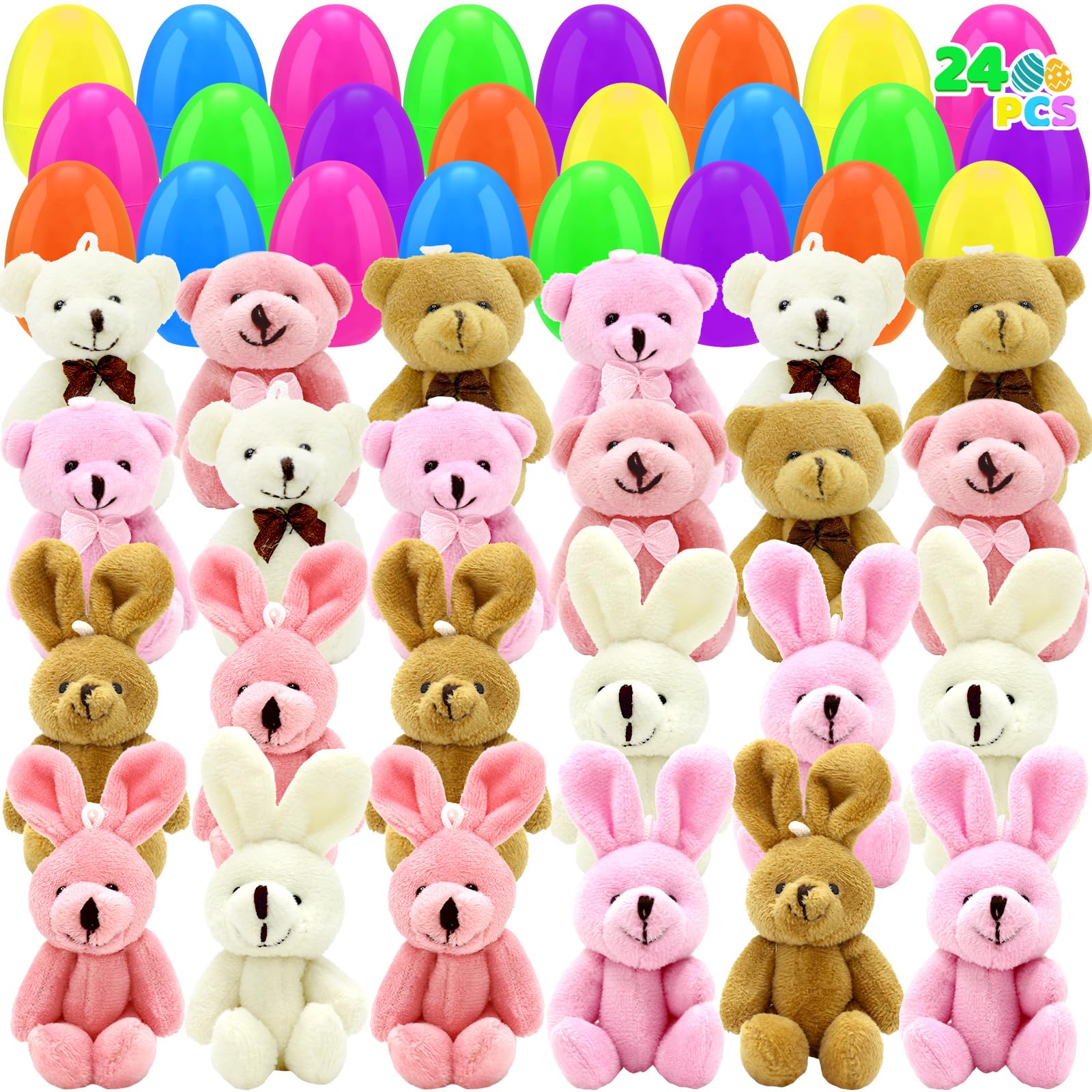 Hidreas prefilled Easter eggs with plush bunnies and bears for kids' surprise hunts.