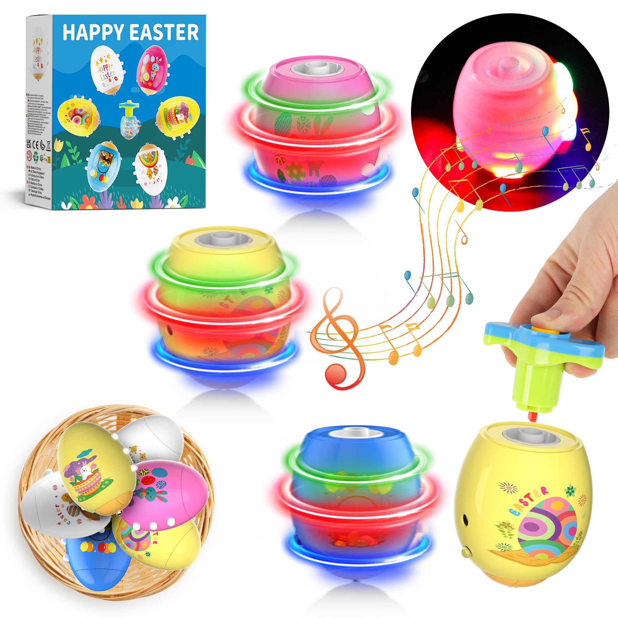 HIEMAO Easter egg spinning tops set with vibrant colors for festive Easter baskets.