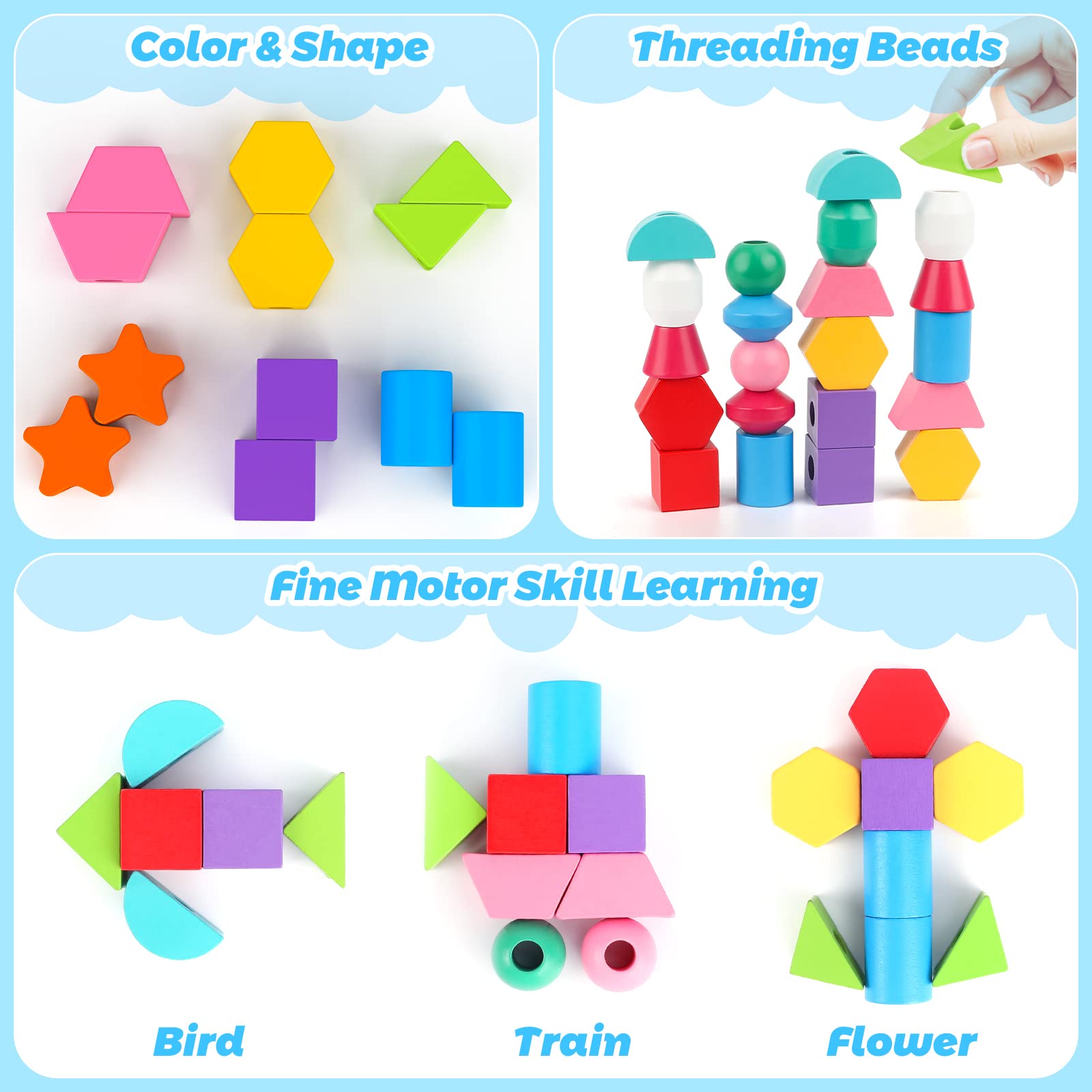 Colorful shape beads by Hieoby help children learn colors and shapes through play.