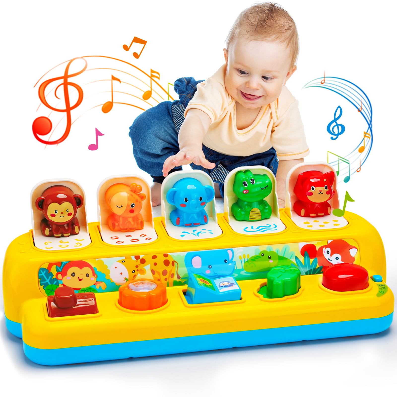 Hieoby interactive pop-up animal toy front view with colorful buttons for fine motor play.