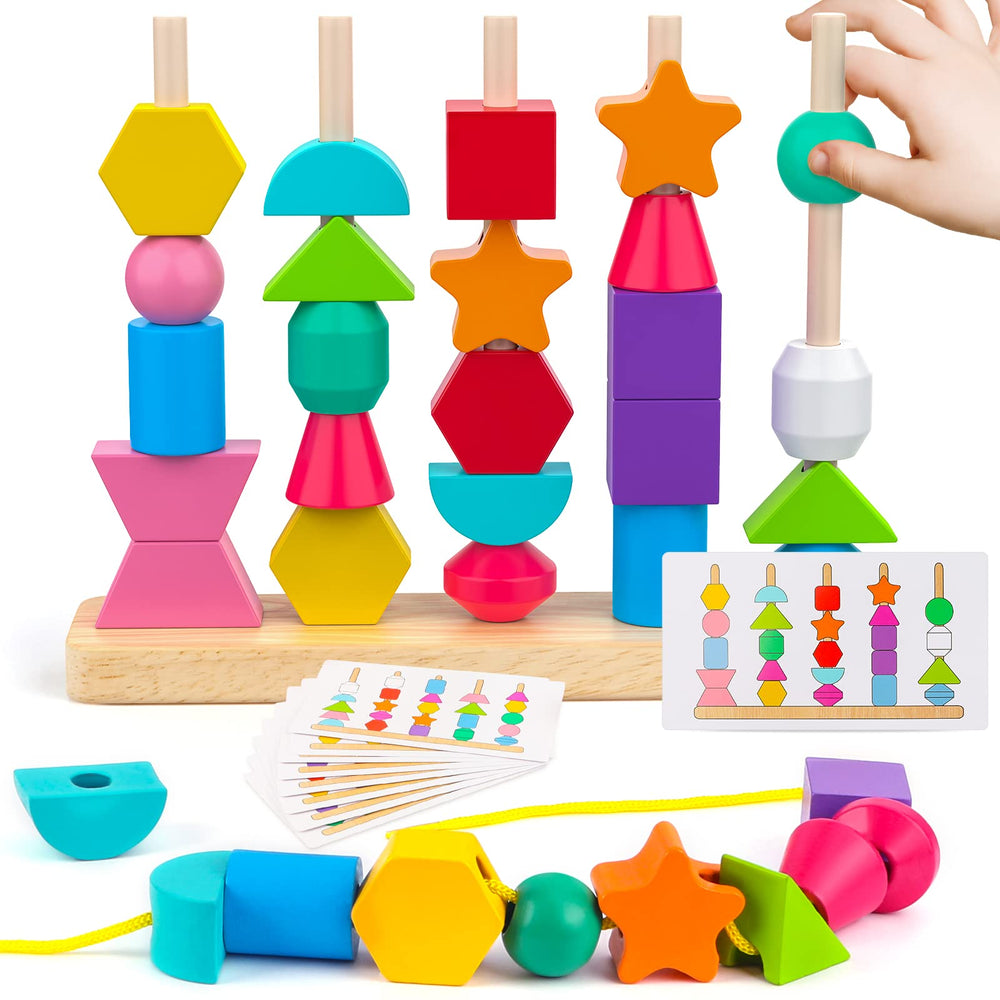 Hieoby Montessori beads sequencing set contents for hands-on pattern building and problem-solving practice.