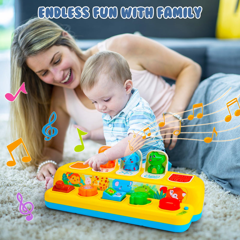 Hieoby pop-up animal toy showing bright colors and easy-to-use controls for toddlers.