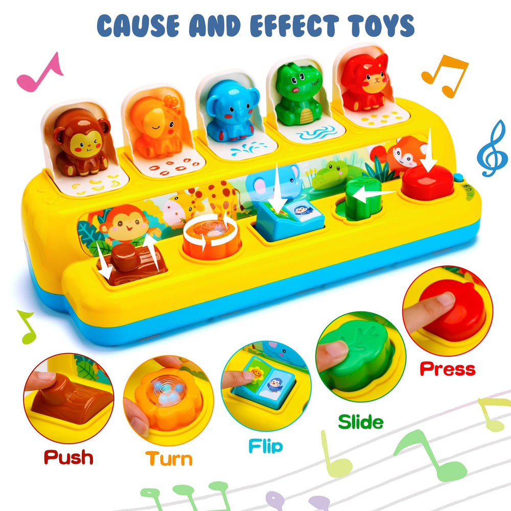 Hieoby pop-up animal toy in music and light mode encouraging sensory exploration.
