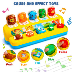 Hieoby pop-up animal toy in music and light mode encouraging sensory exploration.
