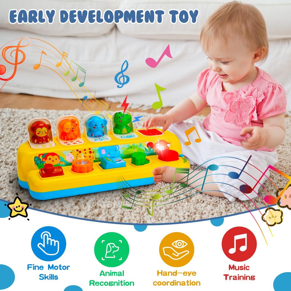 Hieoby sensory toy supports tummy time and seated play with charming animals.