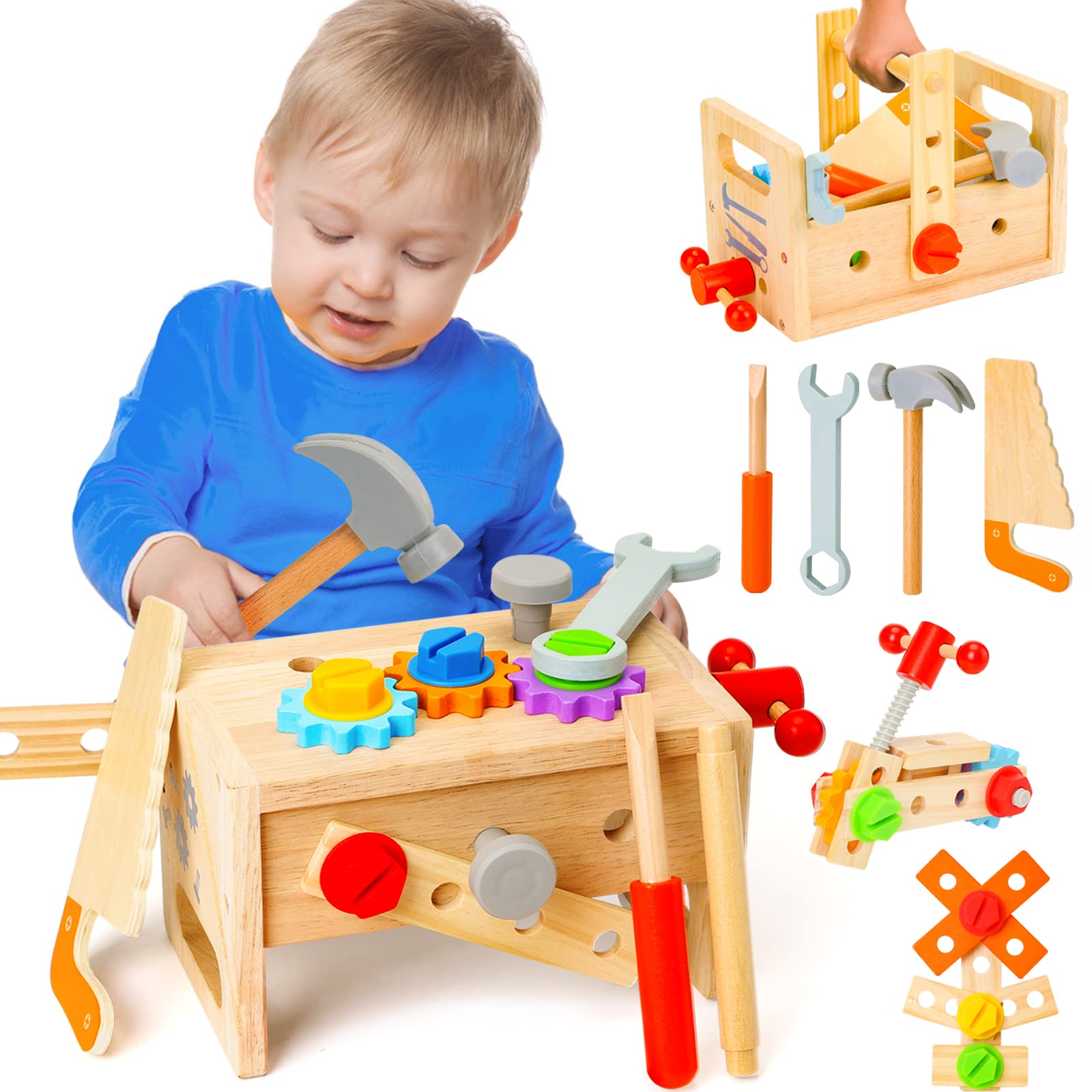 Hieoby wooden toolbox and colorful tools enhance fine motor skills.
