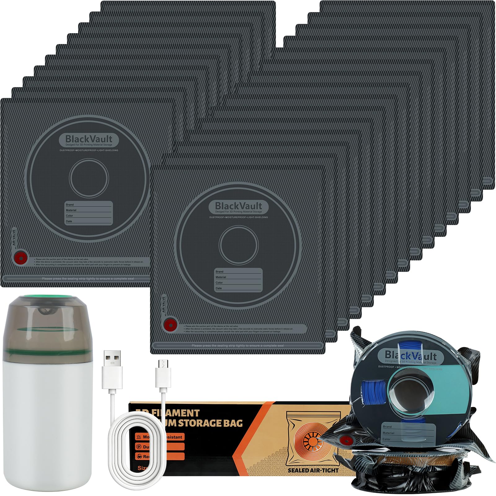 Hifree 25-piece vacuum bag kit front view showing large storage for filaments.