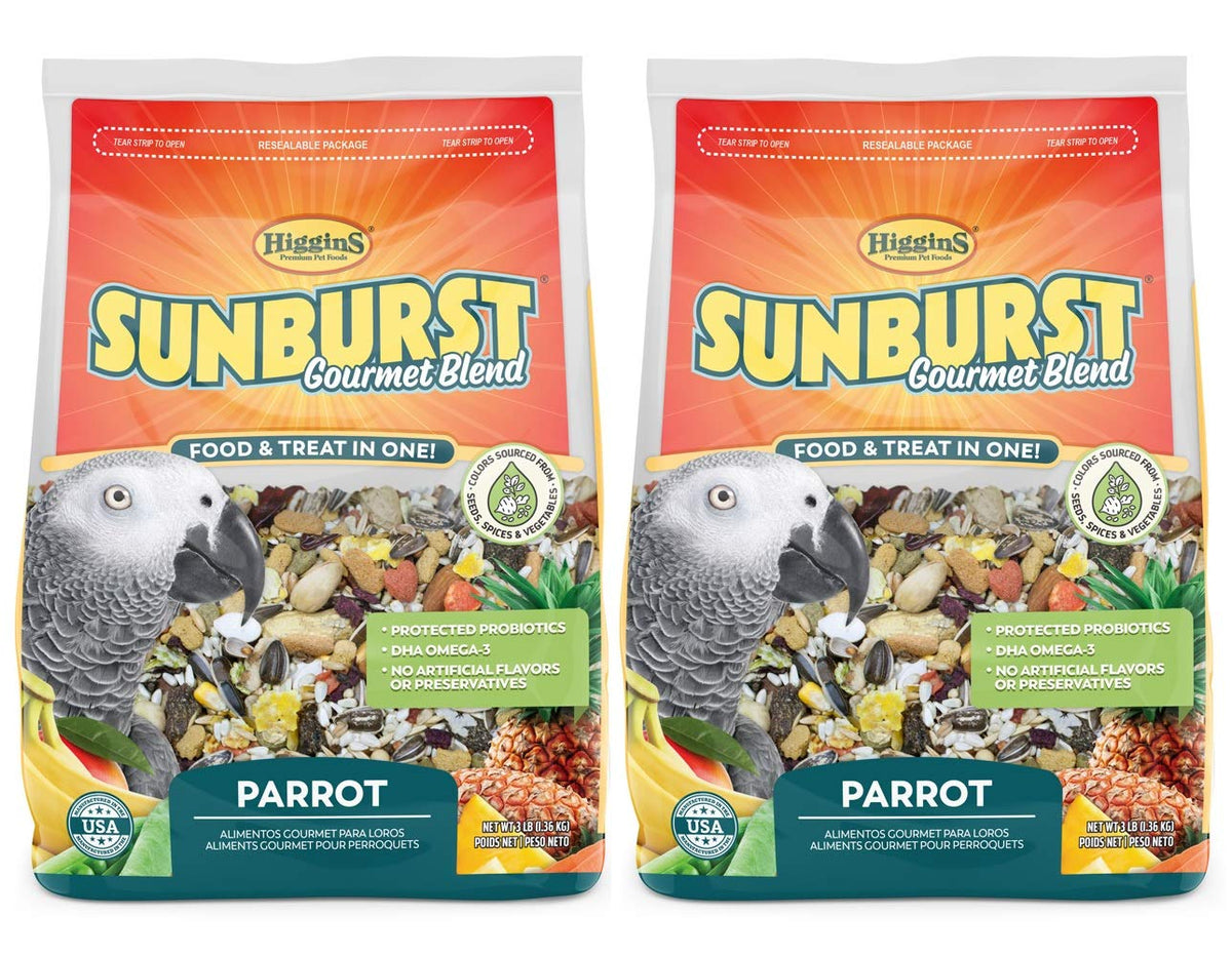 Higgins Sunburst Gourmet Blend parrot food 3 lb bag for balanced nutrition.