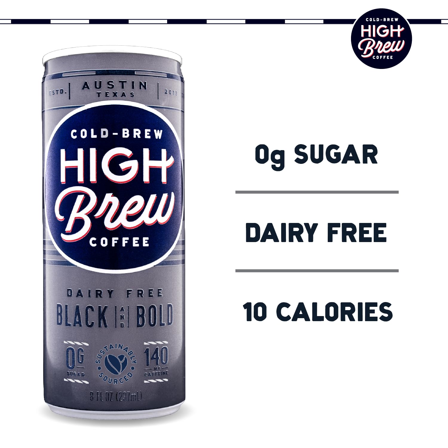 High Brew label closeup with Arabica beans and triple filtration for smooth taste
