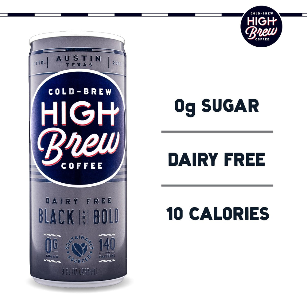 High Brew label closeup with Arabica beans and triple filtration for smooth taste