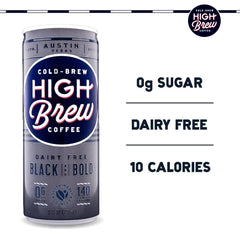 High Brew label closeup with Arabica beans and triple filtration for smooth taste
