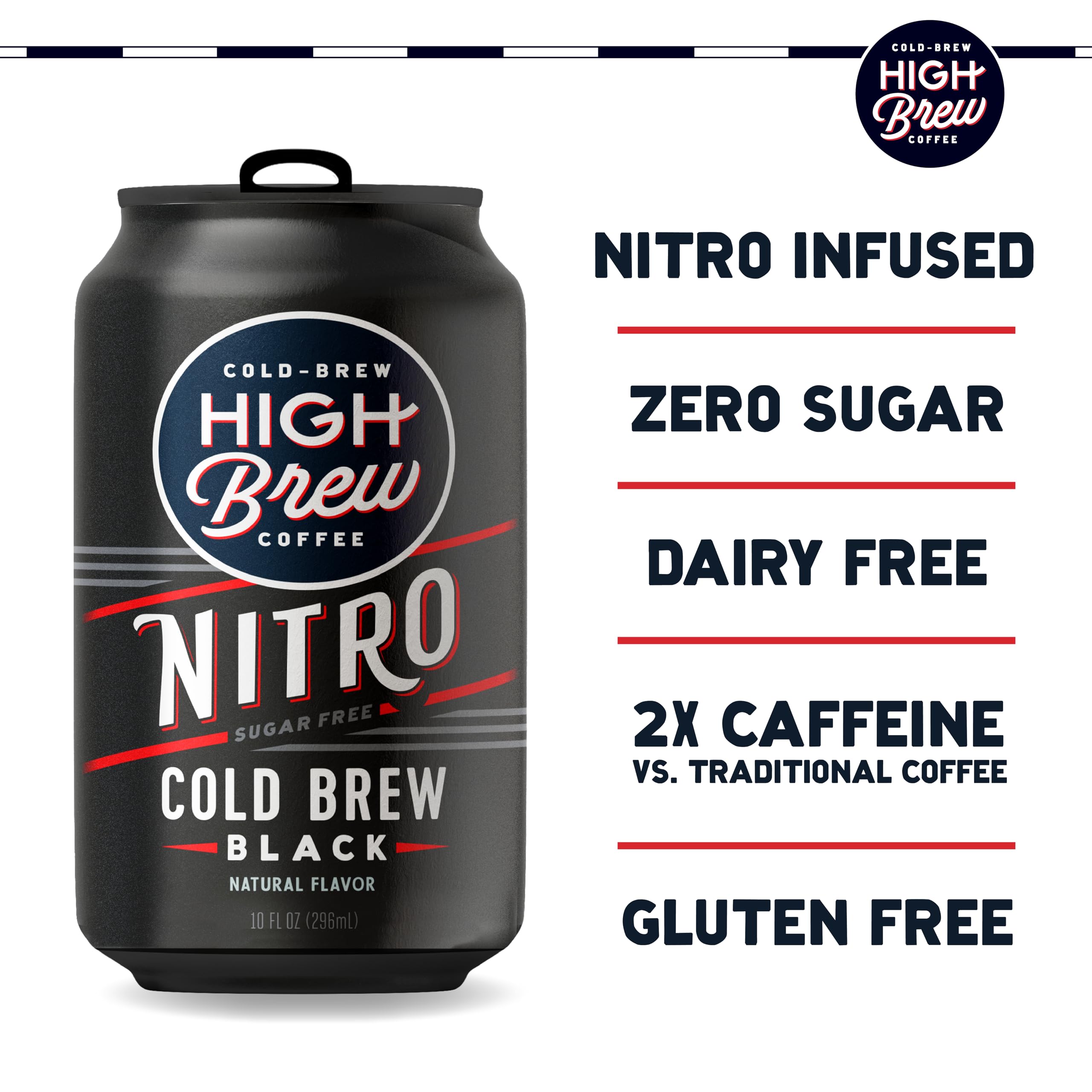 High Brew Nitro Black pour into glass capturing silky nitro crema and bold aroma