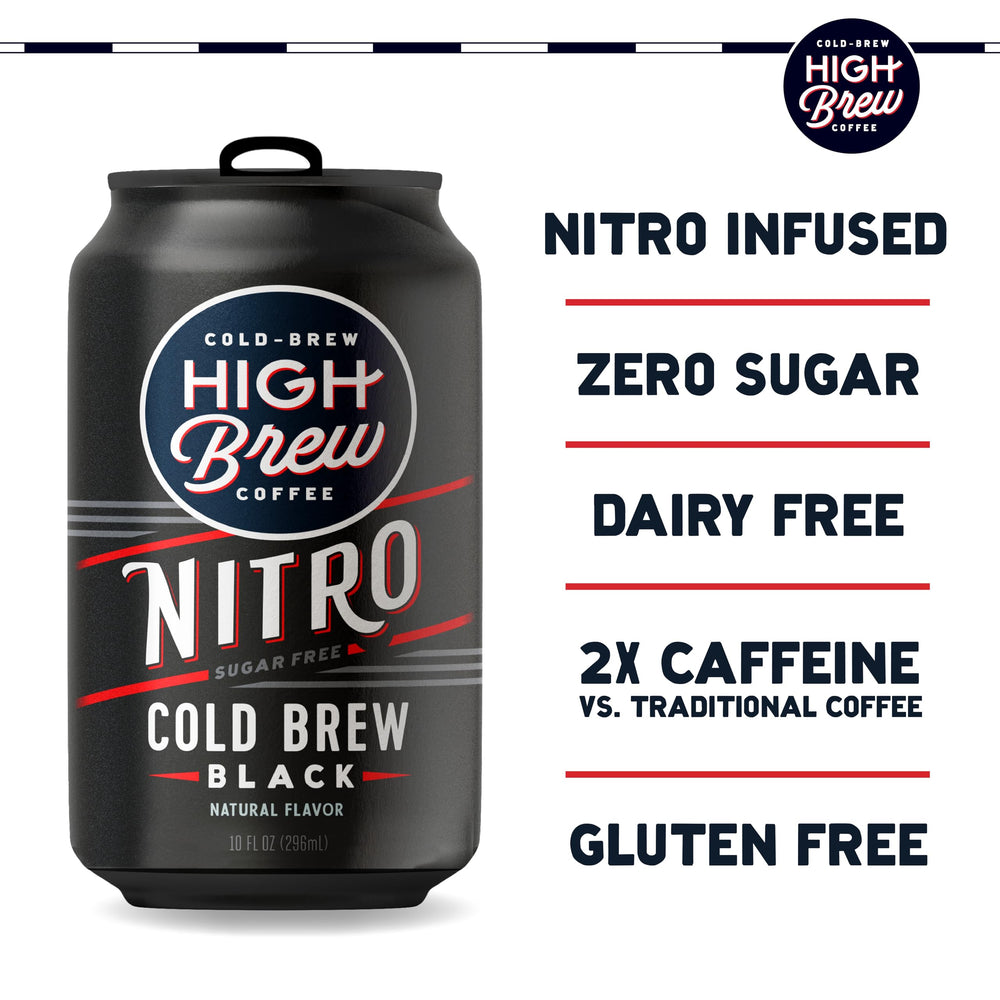 High Brew Nitro Black pour into glass capturing silky nitro crema and bold aroma