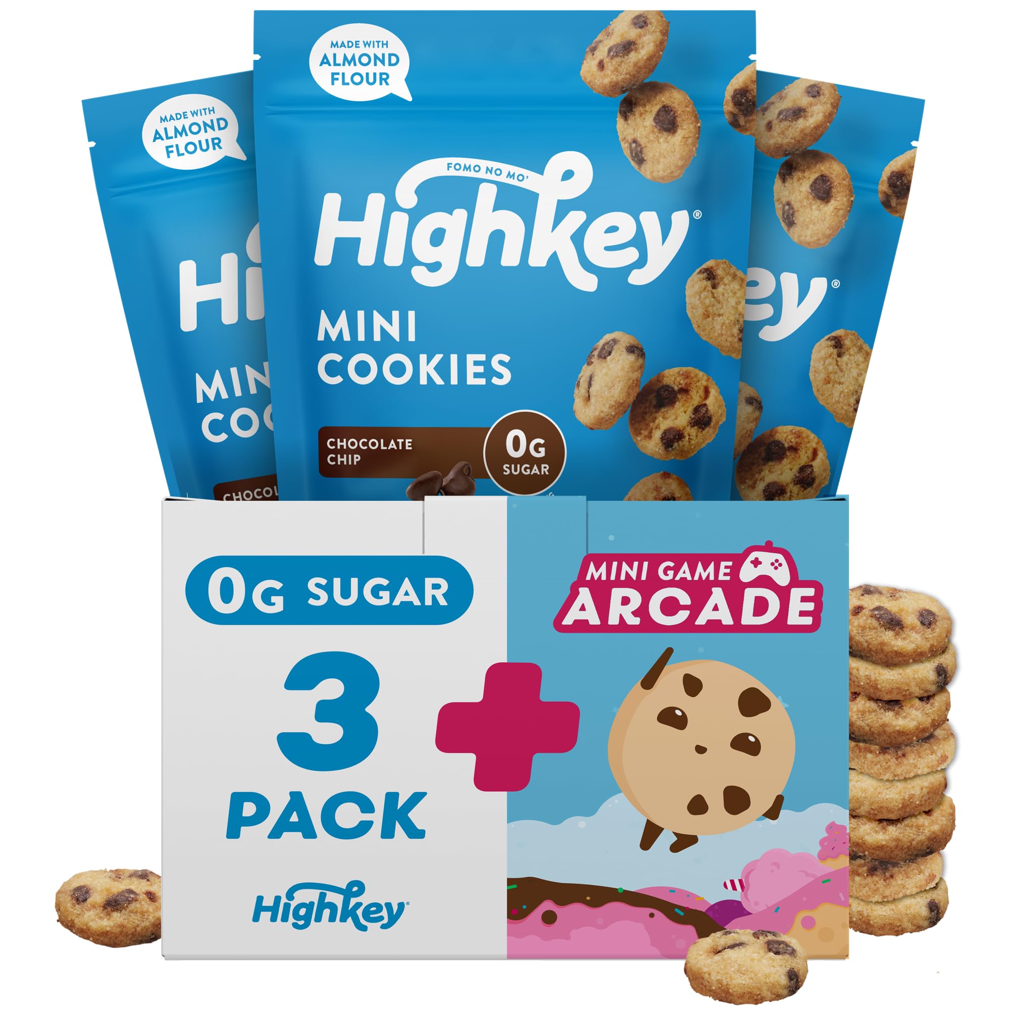 HighKey Keto Chocolate Chip Mini Cookies pack front highlighting gluten-free and sugar-free features