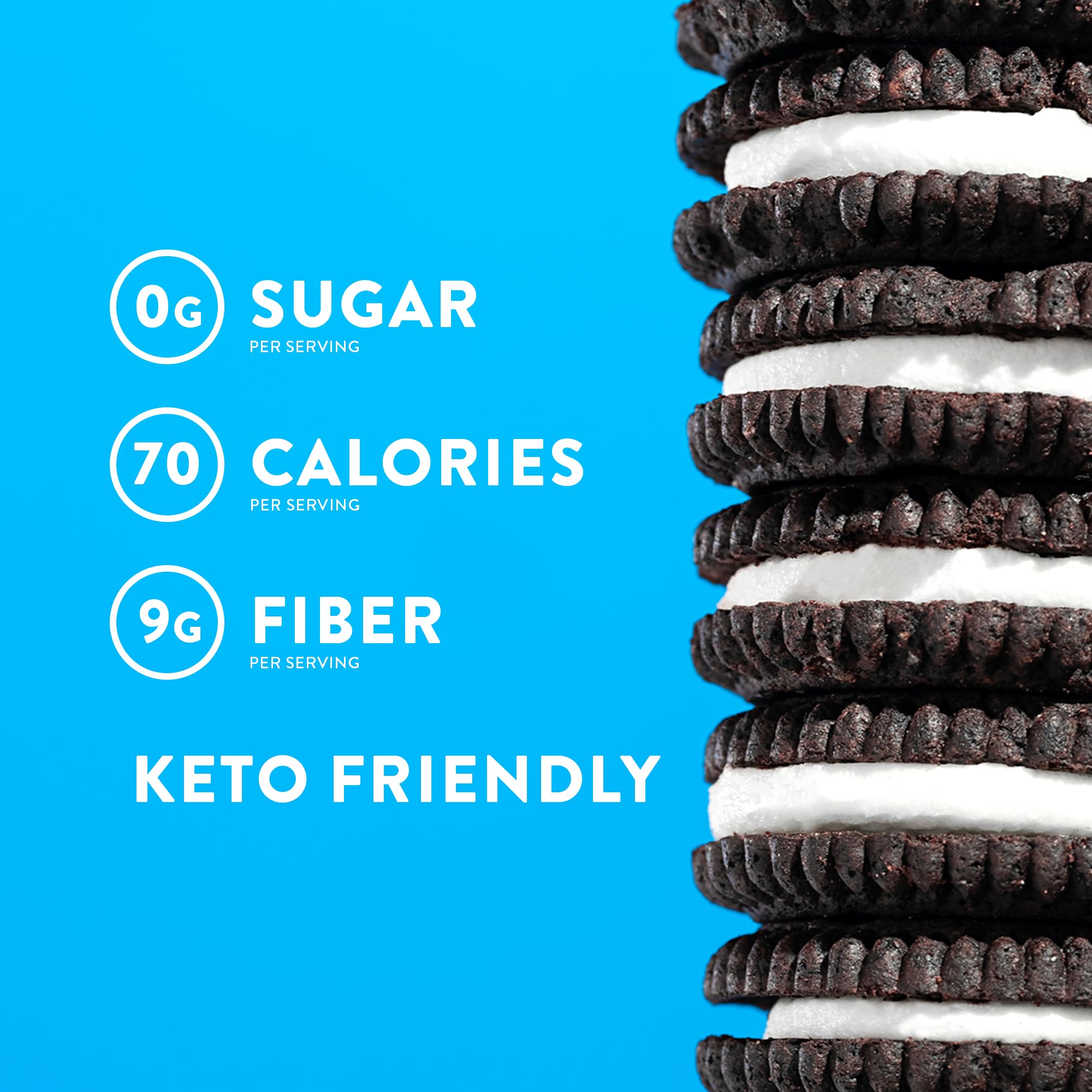 Cross-section reveals balanced cookie and filling; gluten-free and zero sugar.