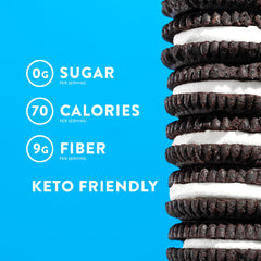 Cross-section reveals balanced cookie and filling; gluten-free and zero sugar.