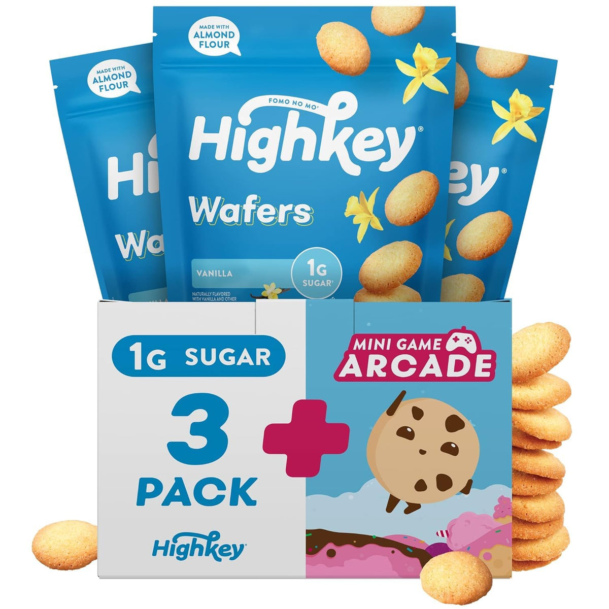 HIGHKEY Vanilla Wafer Cookies 3-pack showcase a convenient gluten-free keto snack.