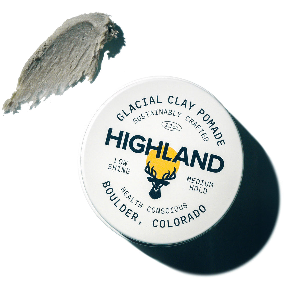 Highland Glacial Hair Clay Pomade jar with natural ingredients visible for healthier-looking hair