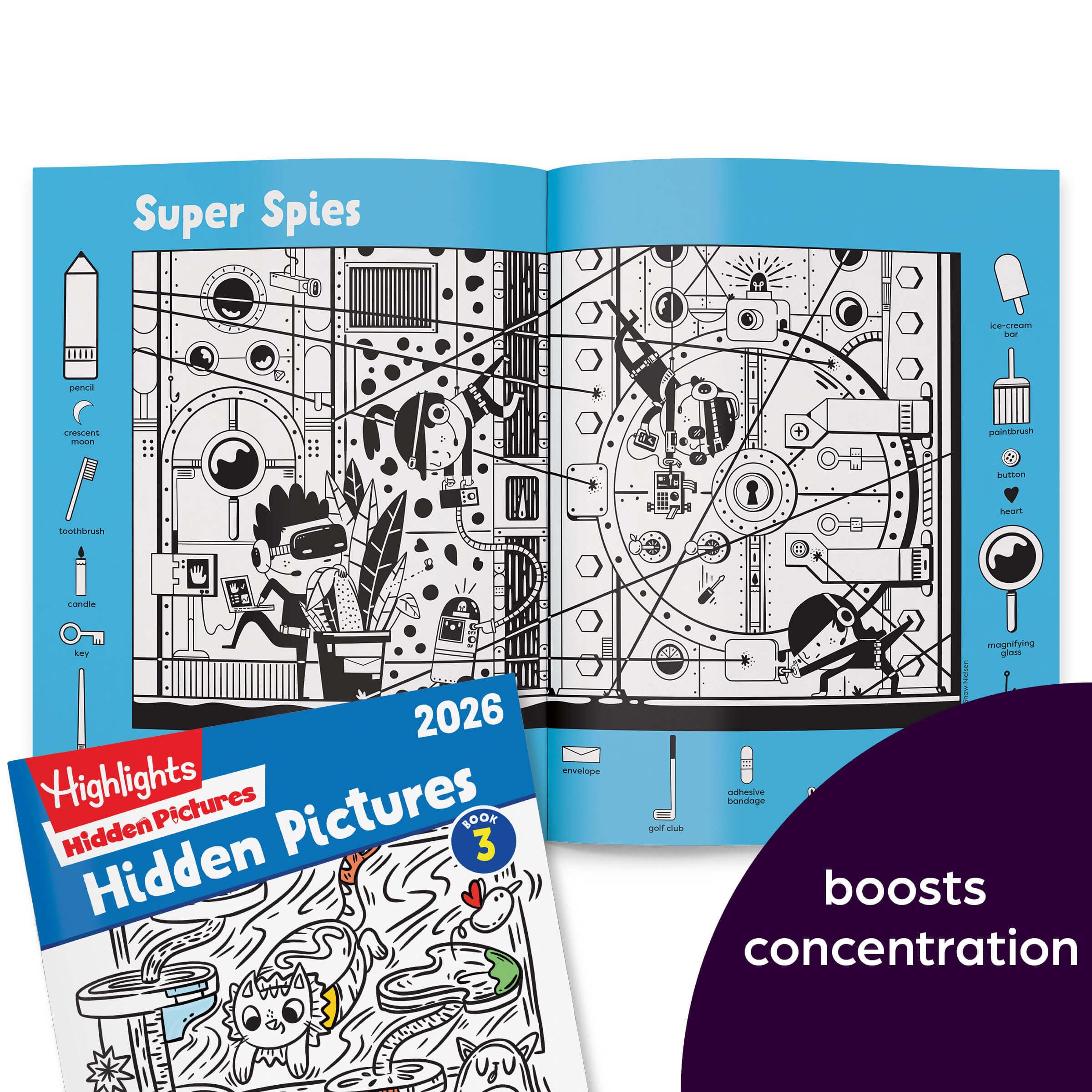 Highlights Hidden Pictures black-and-white puzzle page doubles as a coloring activity
