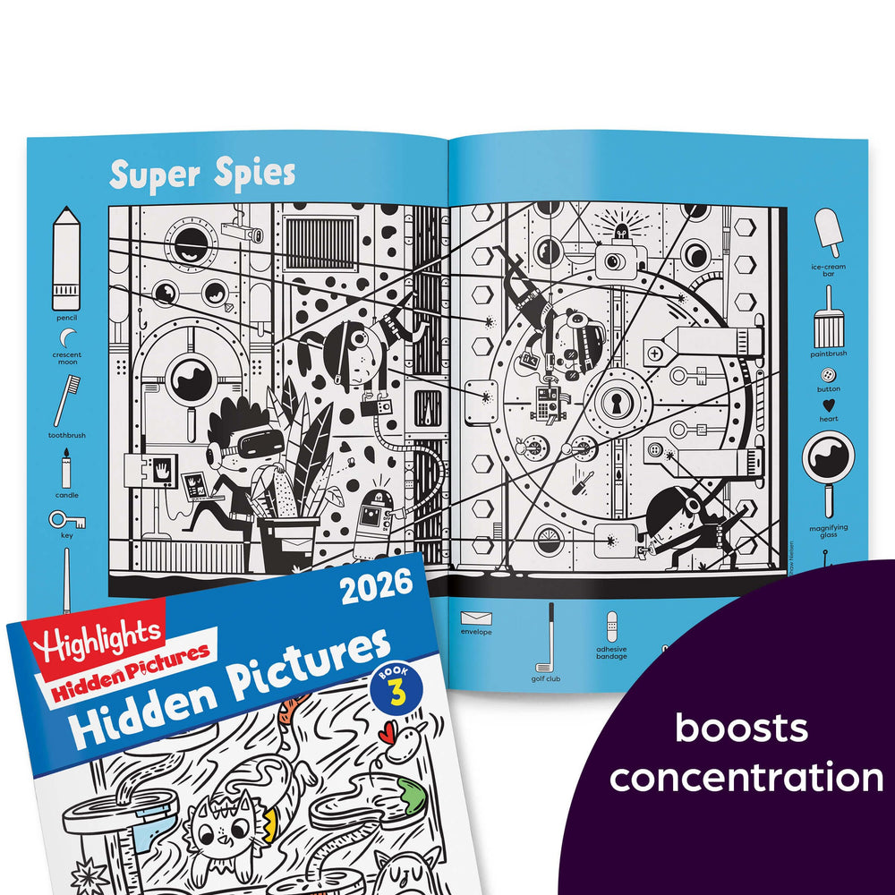 Highlights Hidden Pictures black-and-white puzzle page doubles as a coloring activity