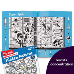 Highlights Hidden Pictures black-and-white puzzle page doubles as a coloring activity