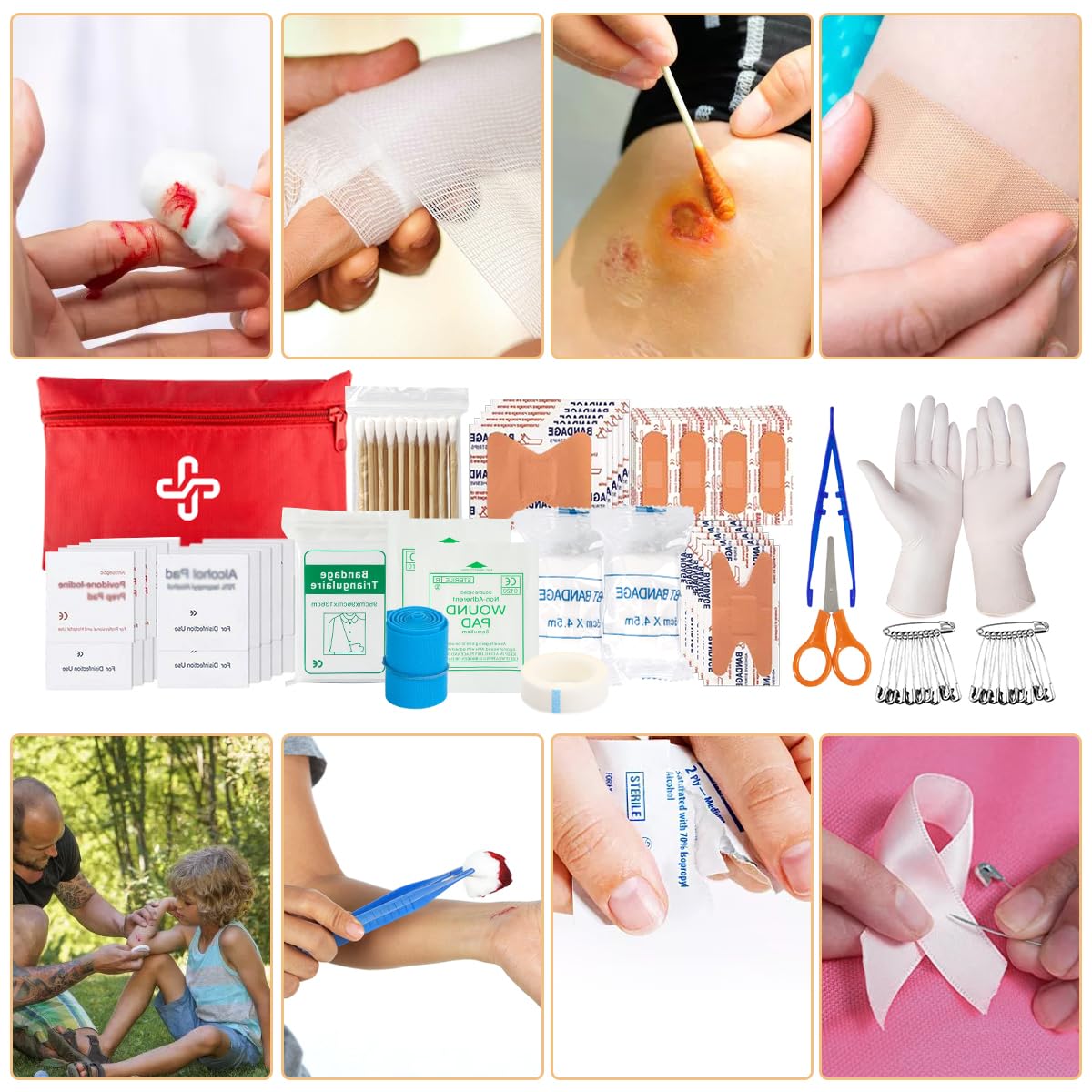 HIHEGD first aid supplies stay visible in red pouch for easy access.