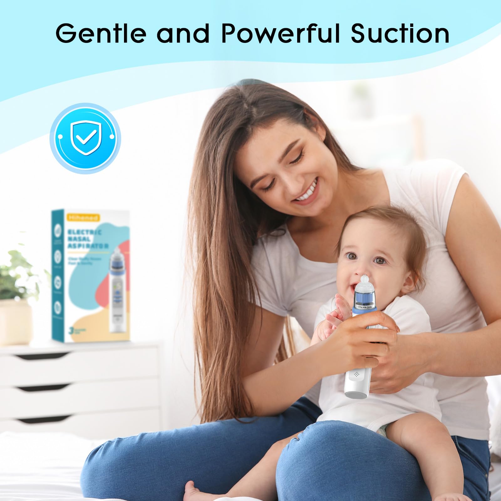Hihened blue aspirator with three silicone tips for gentle use across ages